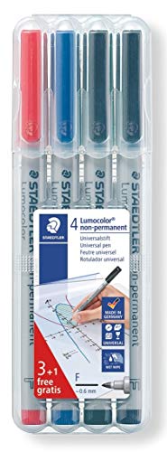 STAEDTLER Universalstift Lumocolor non-permanent, Strichbreite 0,6mm, für fast alle Oberflächen, wasserlösliche Tinte, 4 Marker in sortierten Farben in der aufstellbaren STAEDTLER Box, 316 WP4