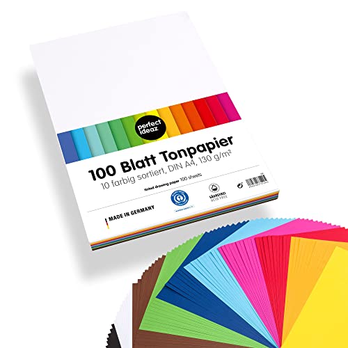 perfect ideaz • 100 Blatt Tonpapier DIN-A4, 10 Farben, 130 g/m², MADE IN GERMANY