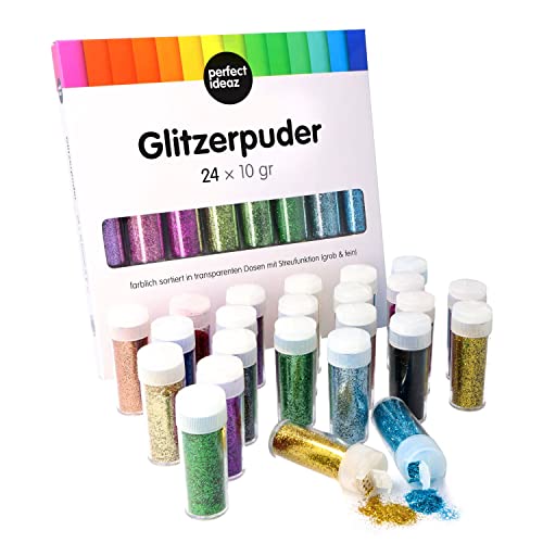 perfect ideaz • 24 x 10g (240g) Glitzerpuder bunt, Glitzerpulver in 24 Farben, Bastel-Glitter-Staub in Dose mit Streu-Deckel, Set Deko-Sand ideal zum Basteln für Kinder, Karten & Papier