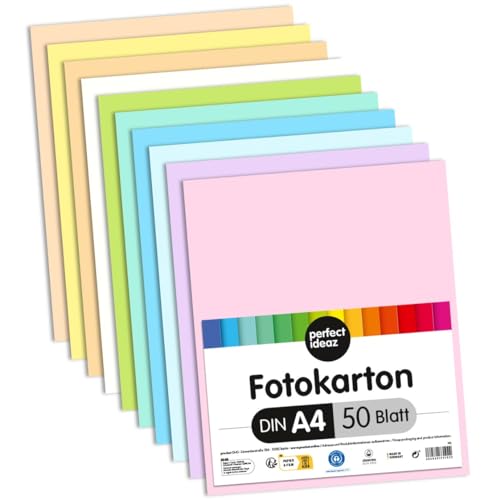 perfect ideaz 50 Blatt Fotokarton DIN-A4, 10 Pastell-Farben, 300 g/m², Made in Germany