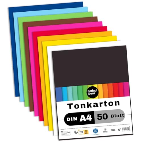 perfect ideaz - 50 Blatt Tonkarton DIN-A4, 10 Farben, 210g /m², made in Germany, Blauer Engel zertifiziert