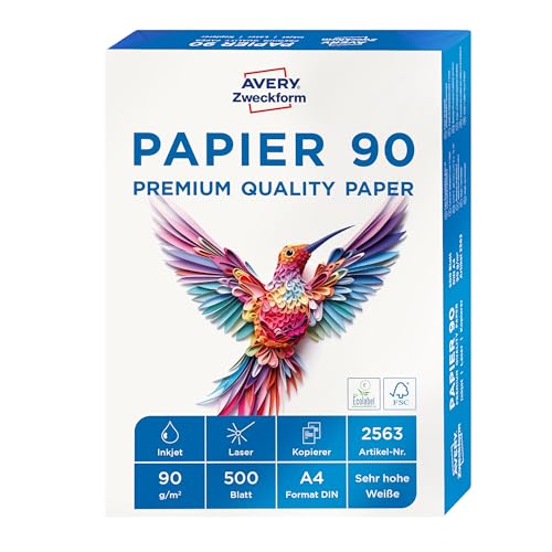 AVERY Zweckform 2563 Drucker-/Kopierpapier (500 Blatt, 90 g/m², DIN A4 Papier, hochweiß, für alle Drucker) 1 Pack