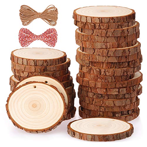 Fuyit Holzscheiben 30 Stücke Holz Log Scheiben 6-7cm mit Loch Unvollendete Holzkreise für DIY Handwerk Holz-Scheiben Hochzeit Mittelstücke Weihnach