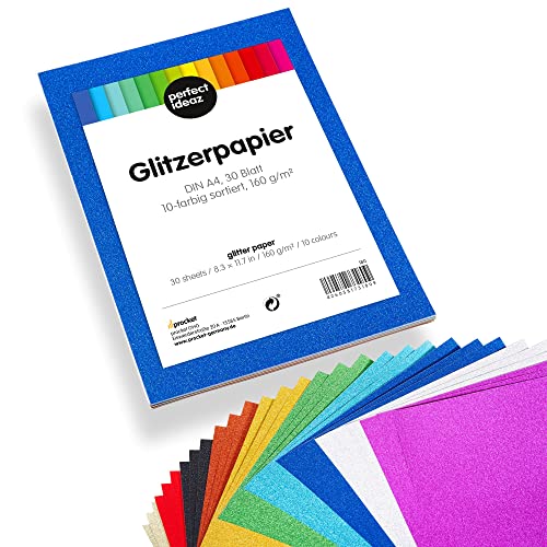 perfect ideaz • 30 Blatt Glitzer-Papier DIN-A4 (bunt), 10 Farben, 21 x 29,7cm, 160 g/m²