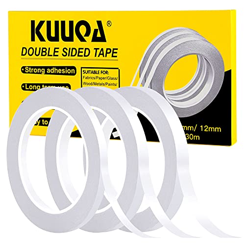 Kuuqa 3 Rollen Doppelseitiges Klebeband Set Starke Klebeband für Büro Handwerk, 30 Meter Lange, Breite 6mm / 9mm / 12mm