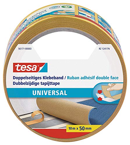 tesa Doppelseitiges Klebeband Universal - Vielseitiges Klebeband für Verpackungen, Deko und Teppiche oder zum Basteln - 10 m x 50 mm