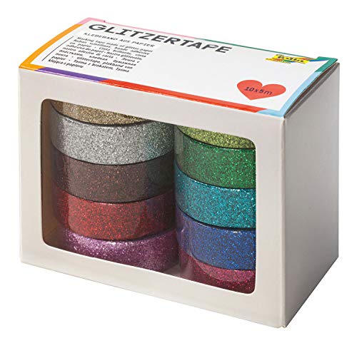 folia 28509 - Glitzer Tape, Klebeband aus Papier mit Glitter, 10 Rollen farbig sortiert, je Rolle ca. 5 m x 15 mm - ideal zum Verzieren und Dekorieren